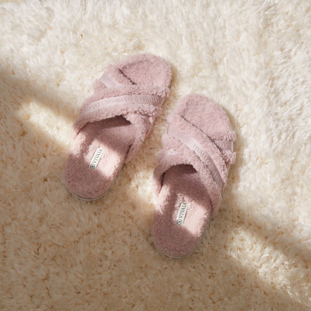 VIVAIASherpa Cross Band Slippers Cozy Fuzzy Open Toe Pink Slides US 8 EU 39‎